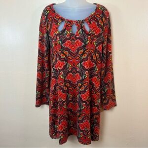Aryeh Red Paisley Keyhole Cutout Long Sleeve Dress Women XL Boho Retro